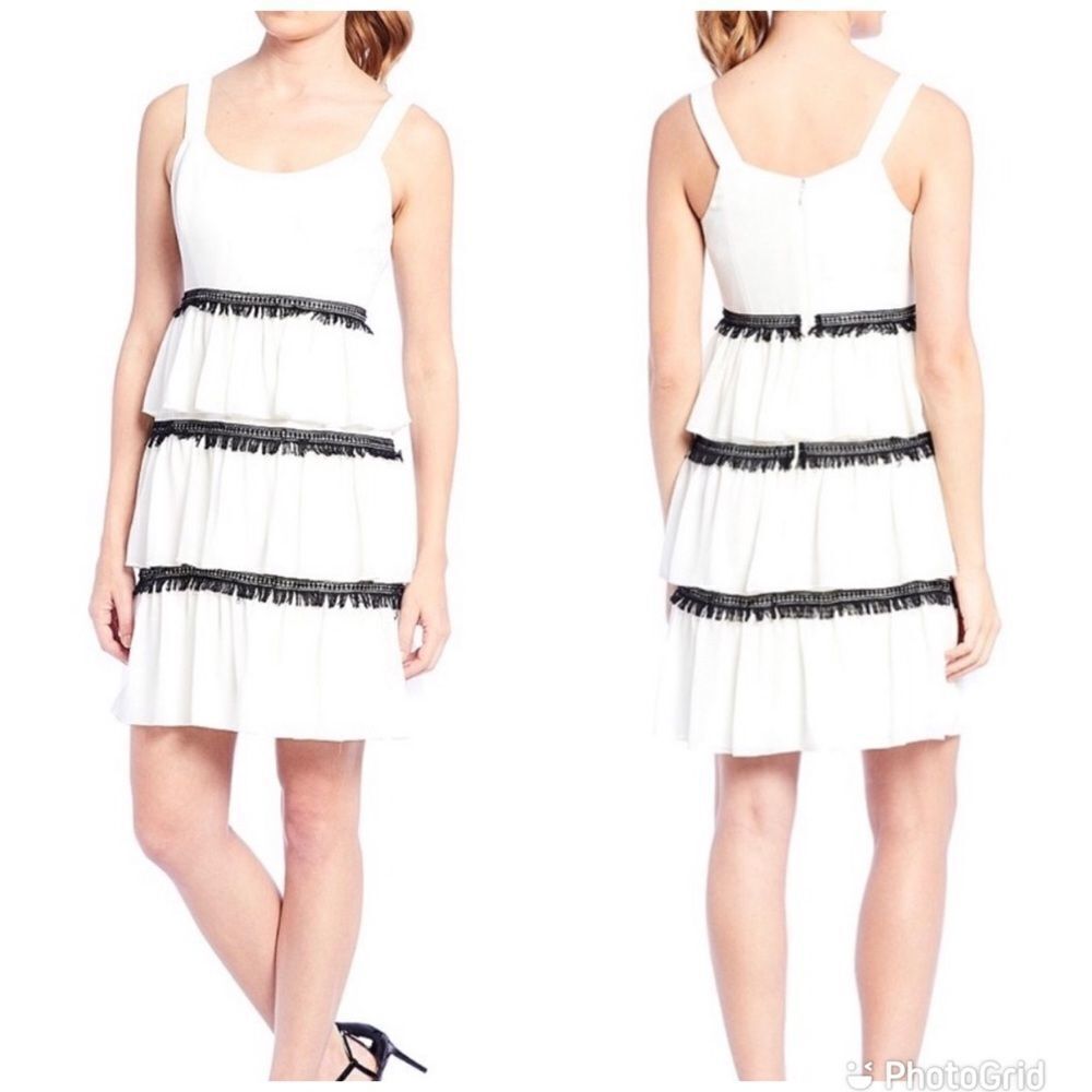 HALSTON White Black Sleeveless Fringe Cocktail‎ Dress Tiered Ruffle Size 6 New